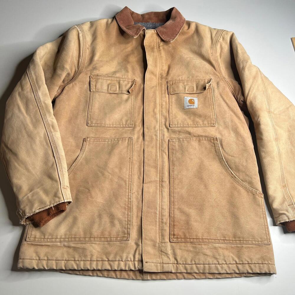Carhartt chore coat tan duck canvas jacket blanket lined USA 44R workwear